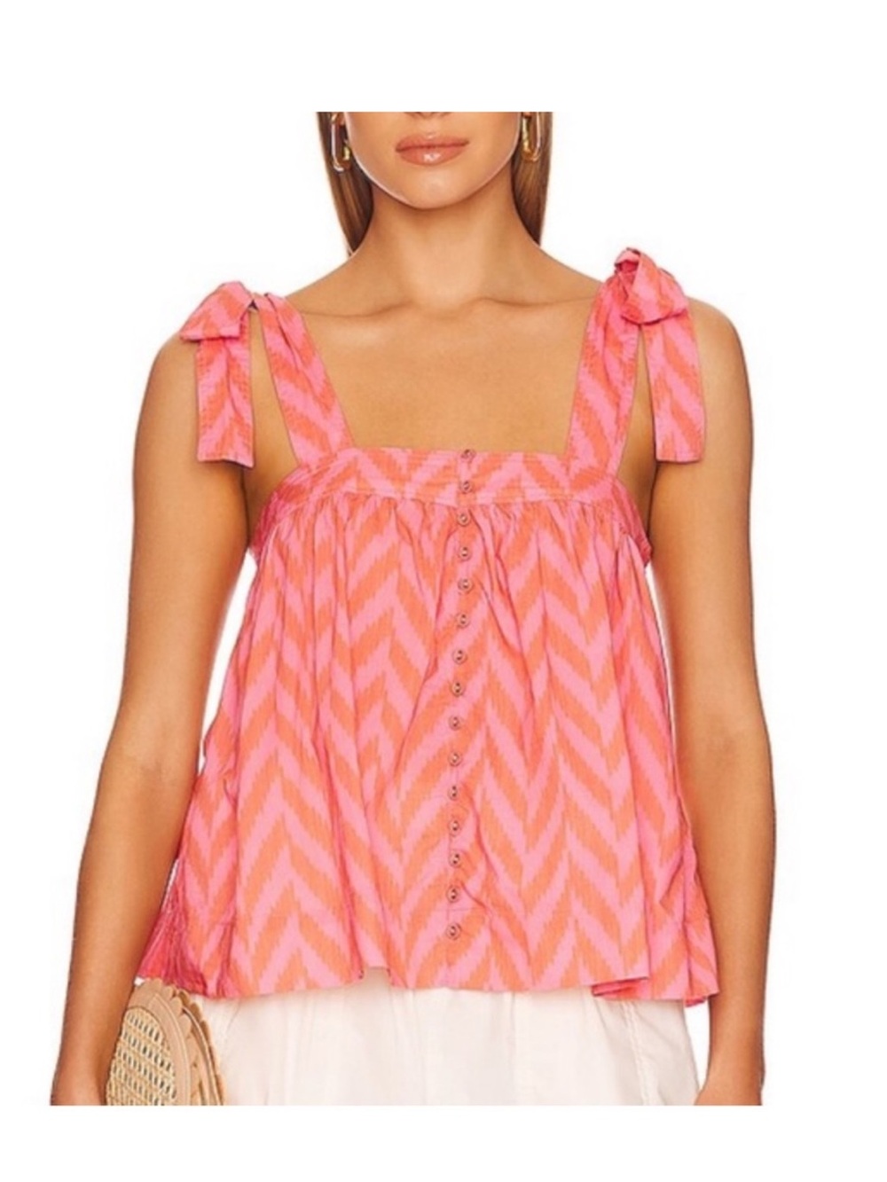ULLA JOHNSON Iris Tie Shoulder Bougainvillea Chevron Poplin Tank